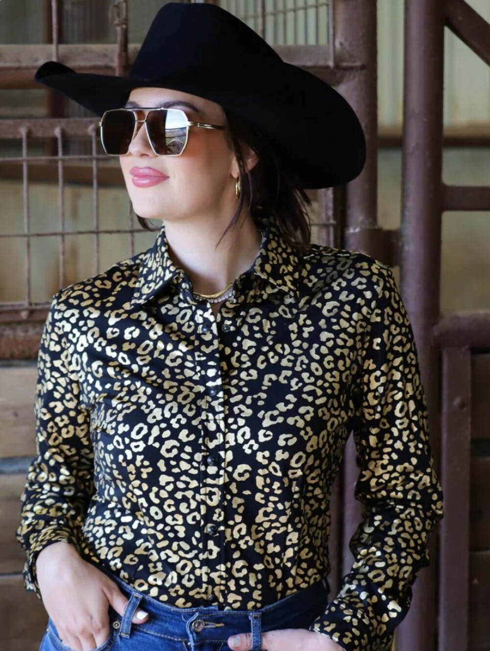 RANCH DRESS'N Fallon Taylor "Gold Leopard" Performance Rodeo Cowgirl shirt 3XL